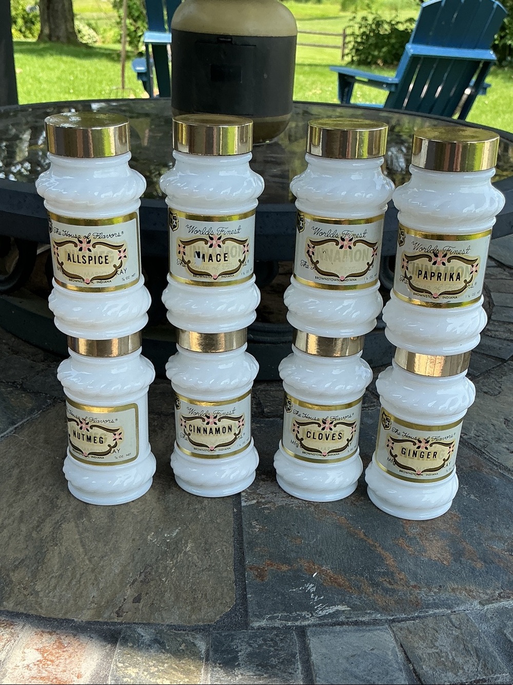 White Milk Glass Spice Jars with Gold Lids - Set of 8